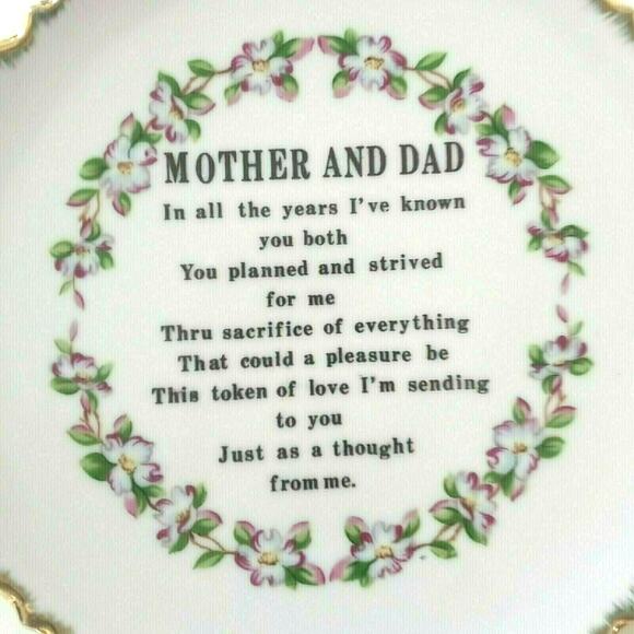 Tribute to Mother Dad Floral Plate Wall Hanging 7" VTG Retro Parent Gift Poem - Picture 2 of 10
